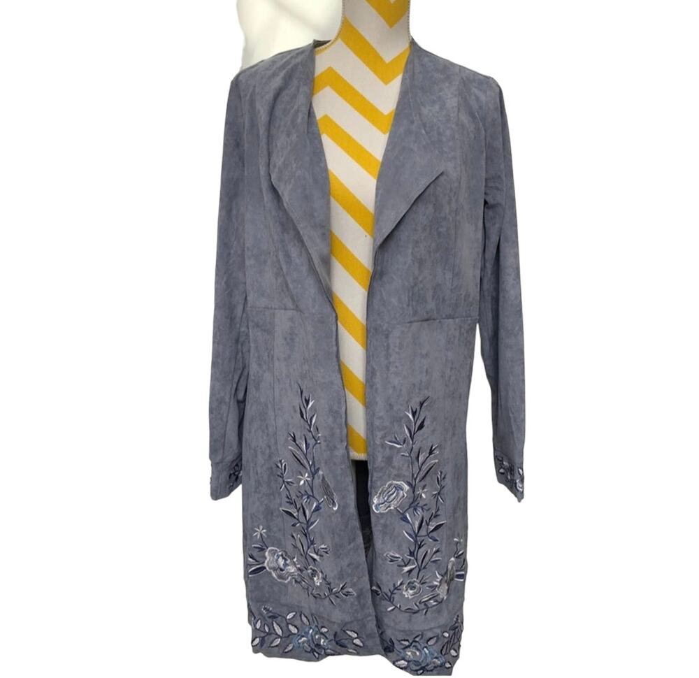 Faux Suede Embroidered Duster Jacket Boho Long Blue Women Medium NWT Curations
